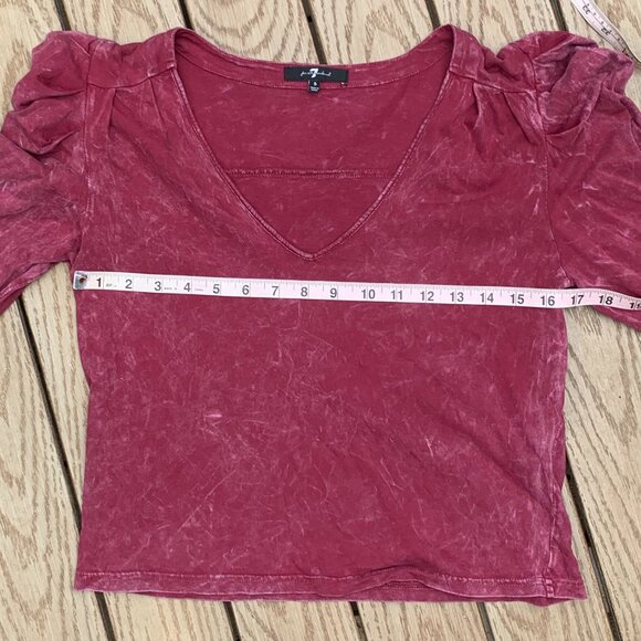 7 For All Mankind Puff Shoulder V-Neck Long Sleeve Stone Washed Cropped Top Sz S - Picture 10 of 12